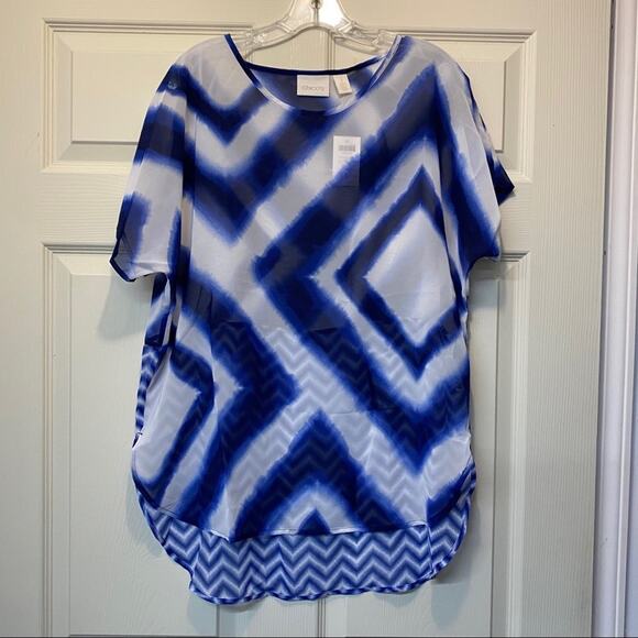 Chico's Top Shirt Blouse Blue Dueling Diamonds Darcy Chevron Zig Zip NWT Size 1 - Picture 2 of 6
